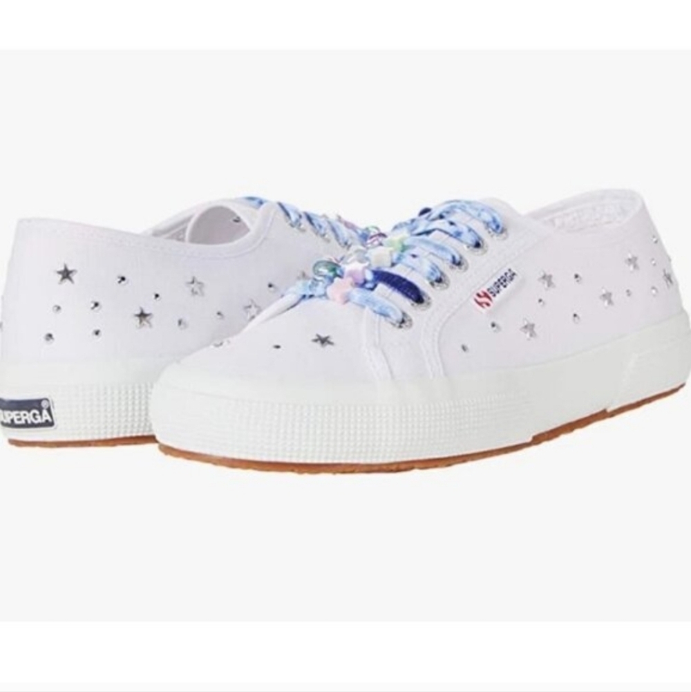 Superga White Canvas Sneakers with Silver Star Studs and Pastel Laces NWT